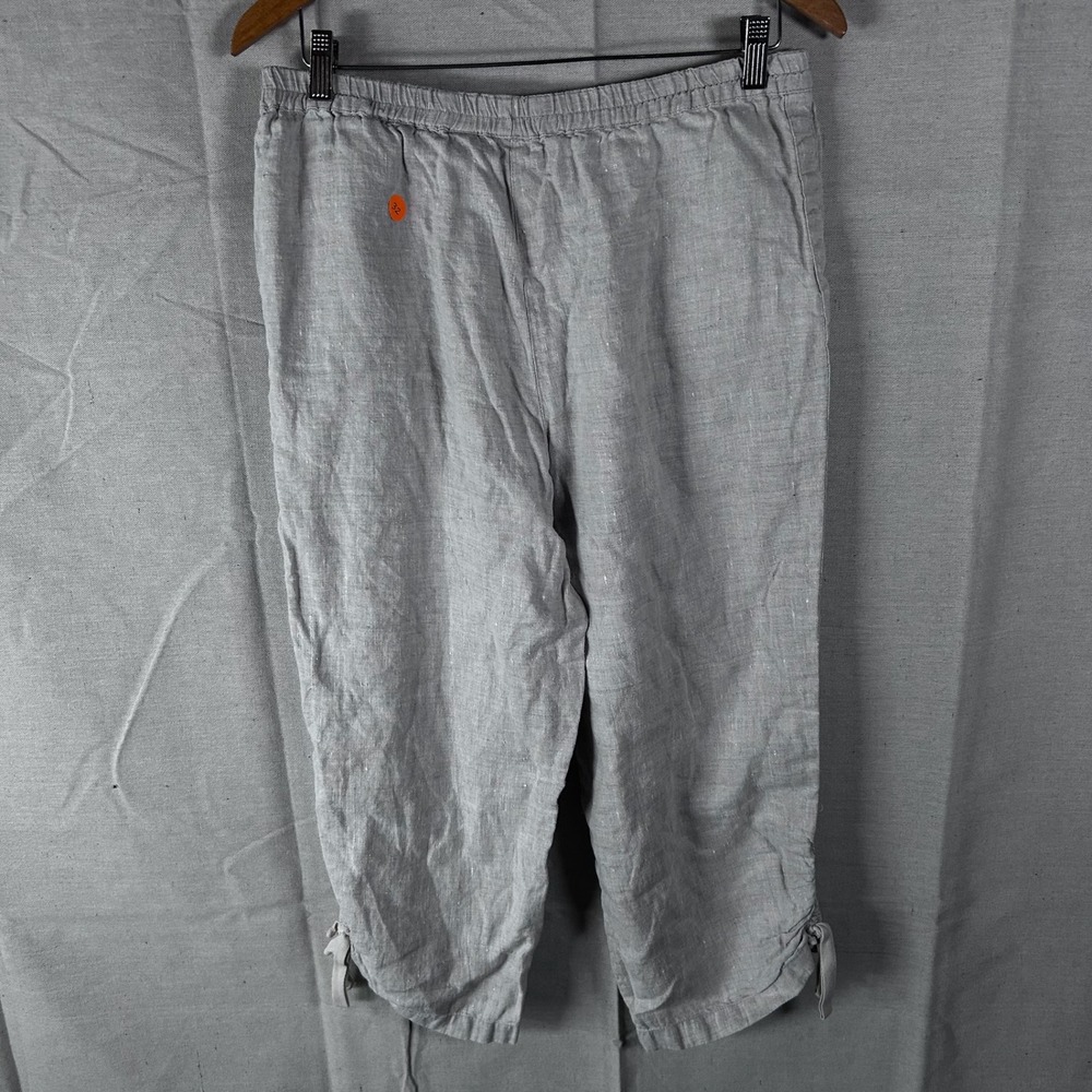 Chicos 100 Linen Gray Cropped Pants Elastic Waist‎ Tie Hem Size 2 L Large